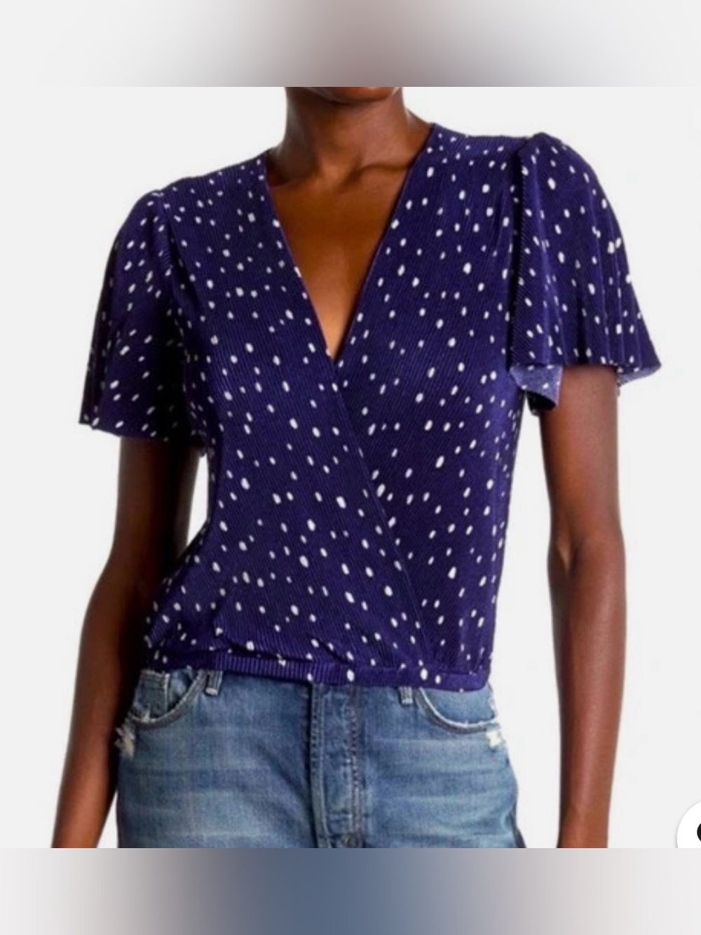ASTR The Label, Size M, Plisse Navy Polka Dot Wrap Top.